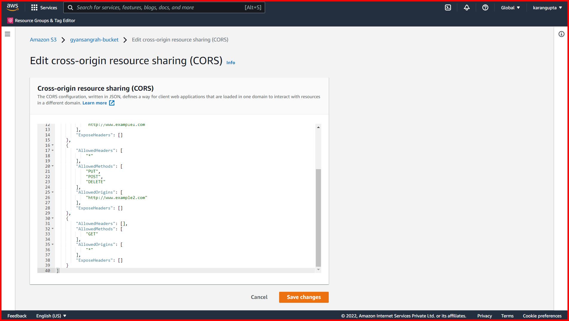 Picture showing the CORS JSON pasted for S3 bucket
